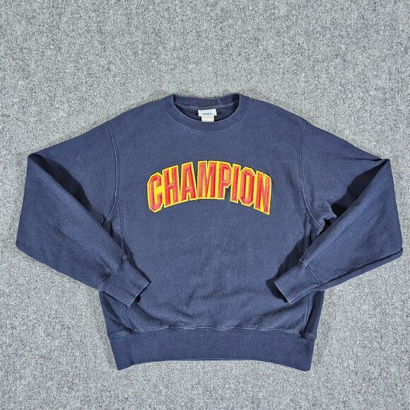 Vintage Y2K Reverse Weave Champion Spellout Heavy Sweatshirt Blue/Red Men's Sz M - Picture 1 of 6